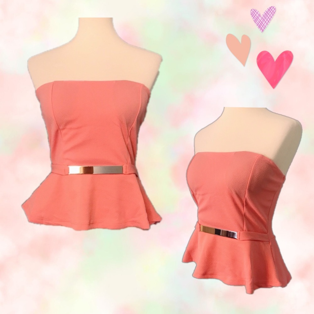 Coral Strapless Peplum Hem Top - Picture 1 of 7